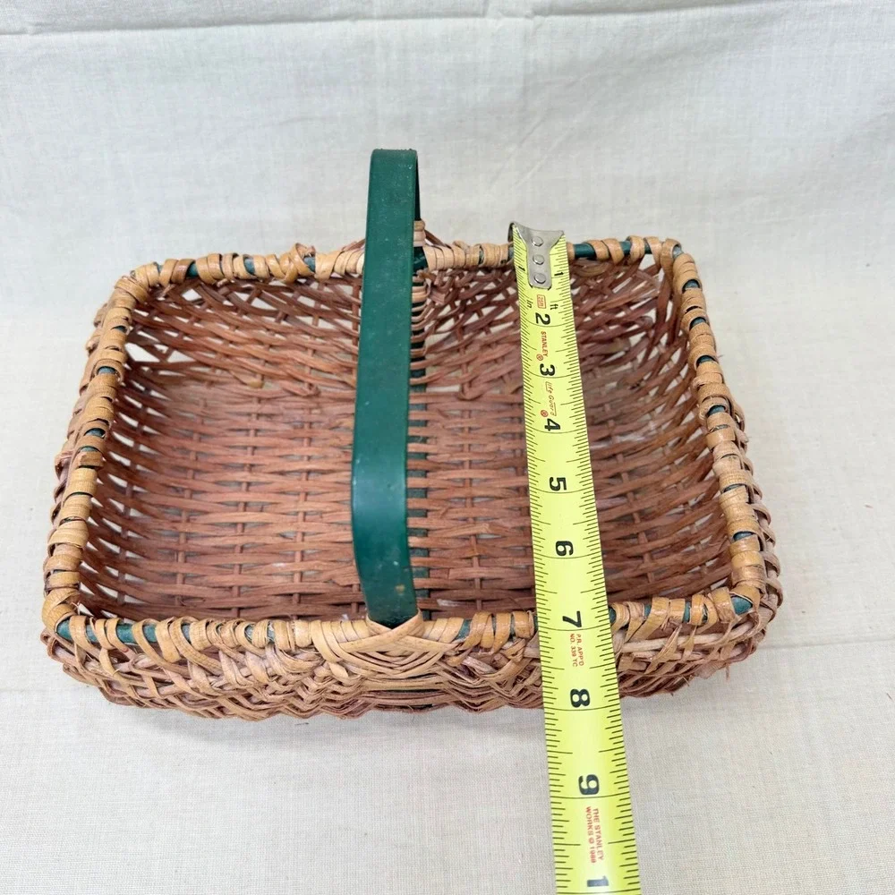 Vintage Wicker Gathering Basket Green Handle Cottage Decor Organizer 1970s